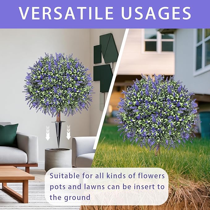 Artificial Lavender Topiary Ball Trees, Set of 2 UV Resistant Fake Evergreen Shrubs Bushes Plants with Ground Spike, 18" Fake Plants for Outdoor Indoor Front Porch Garden