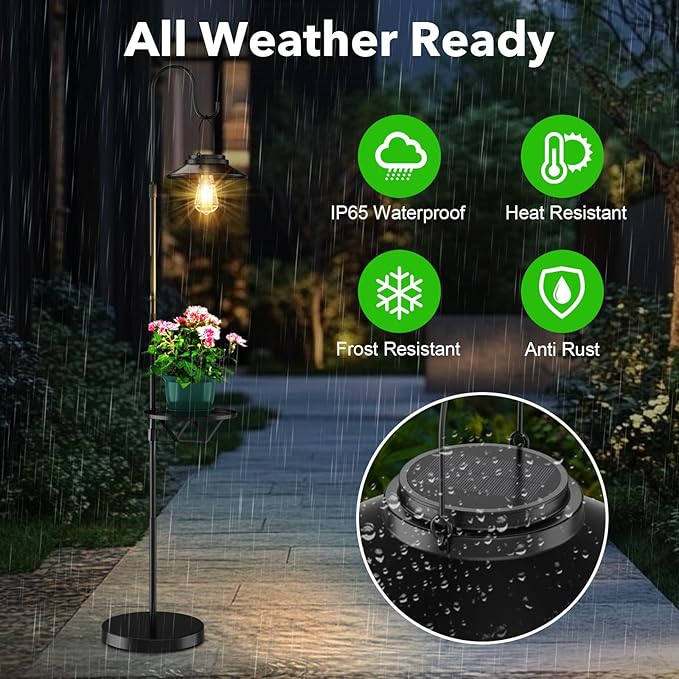 60.62'' Shepherd's Hook Stand Plant with Solar Lantern, Outdoor Floor Lamp, Wind Chime Hanger Stand, Waterproof Metal & Adjustable Height Standing Pole Holder Garden Light for Patio, Porch, Deck Decor