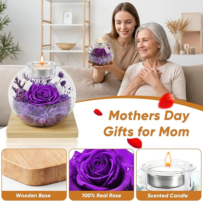 Preserved Real Rose in Glass with Scented Candles for Mom Her Wife Girlfriend Grandma Birthday Anniversary Romantic