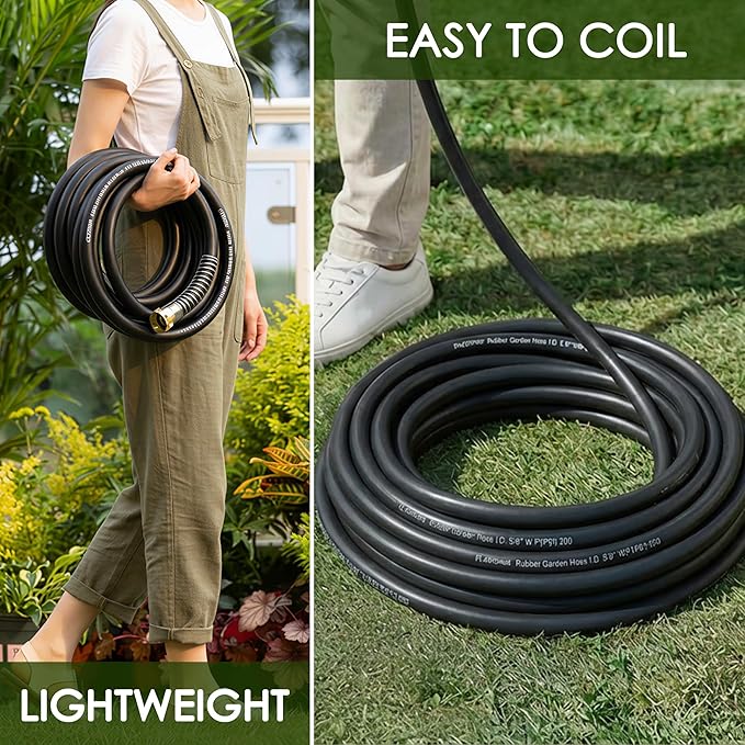 5/8 IN. × 25FT. Heavy Duty Rubber Garden Hose, High Flow 5/8" I.D. Brass Fitting No Memory Durable Heavy Duty Water Hose for Watering, Irrigation, Water Transfer Pump