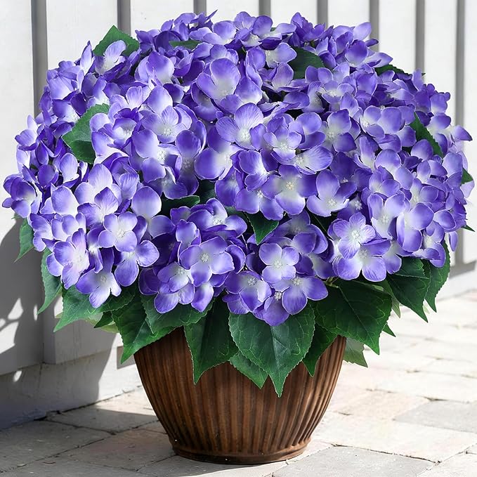 FOTEEWL 8 Bundles Artificial Hydrangea Flowers for Outdoor Decor, Realistic Faux Silk Bouquets Sun-Resistant Fake Plants for Front Door Balcony Farmhouse Garden Home Spring Summer Decor (Purple)