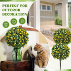 Lunmon 2 Pack 24" Artificial Topiary Ball Plants Trees with Flowers, Outdoor Fake Topiary Plants with Ground Spike, UV Resistant Faux Bushes for Indoor Outdoor Front Door Decor(Yellow,Rose)