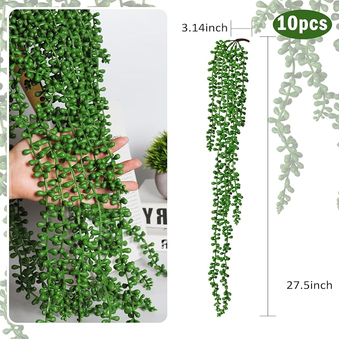 RECUTMS 10pcs Artificial Hanging Succulents Fake Hanging String of Pearls Plants Faux Greenery Wall Plant Spring Summer Indoor Outdoor Home Garden Office Wedding Graduation Party Decor(Green)