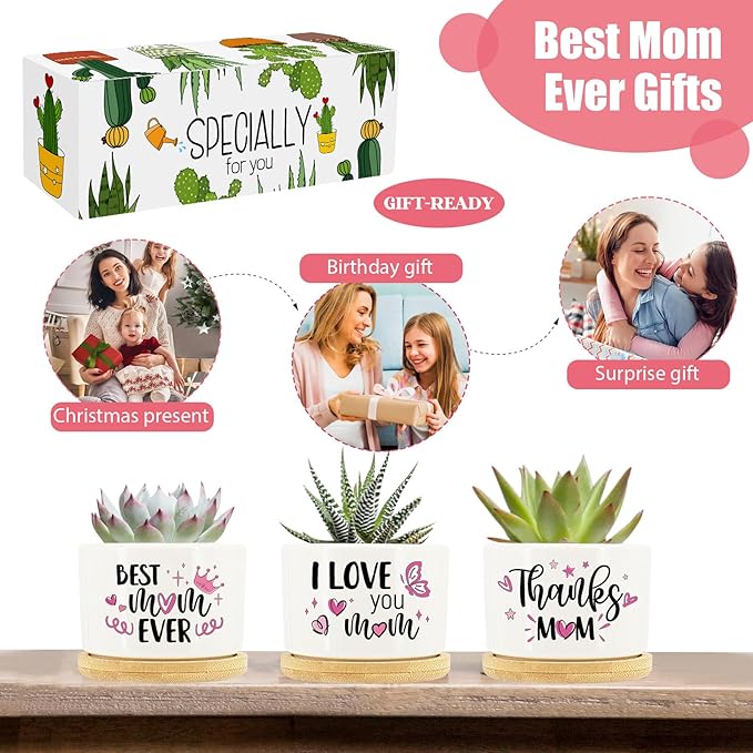Tarklanda 3Pcs Gifts for Mom Best Mom Ever Succulent Pots Mini Ceramic Plant Pots with Bamboo Tray Pot Planters Birthday Thanksgiving for Mother-in-Law Wife Plants Not Included