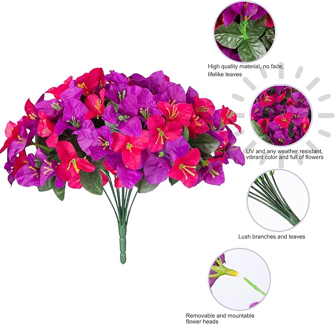 Ivydale Artificial Flowers for Outdoors Fake Bougainvillea Spring Summer Outside Decor, 4 Bundles UV Resistant Faux Flowers for Outdoor Planters Realistic Silk Plants Patio Porch Window Garden Home