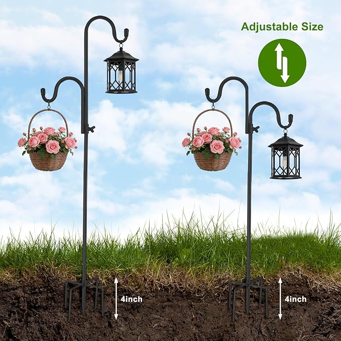 FrutPunch Double Hook Design Shepherds Hooks for Outdoor, 1Pack 35Inch Bird Feeder Pole with 5-Claw Base, Adjustable Shepherds Hook for Bird Feeder for Hummingbird, Plant Supporter, Wedding Decor