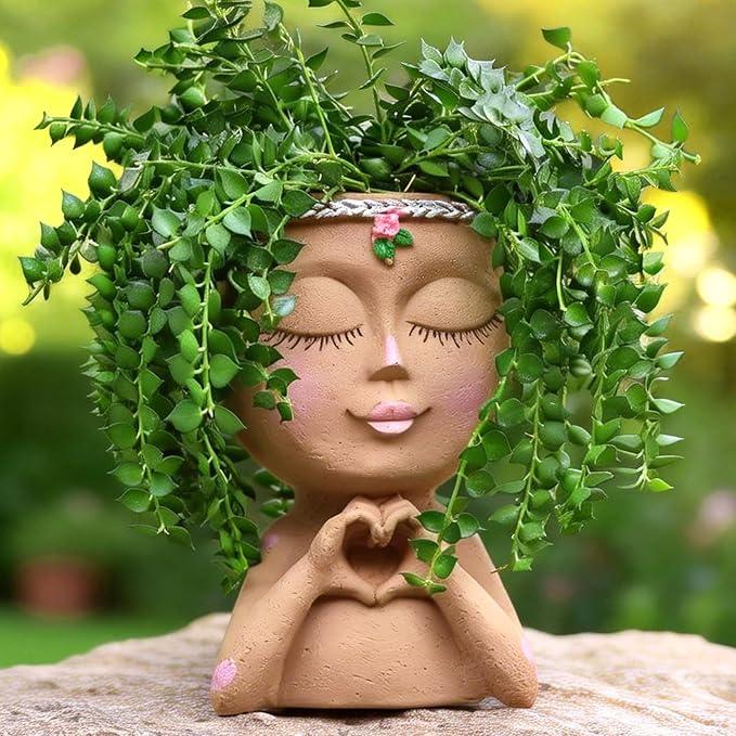 Face Planter Pot with Heart Hands, Resin Head Planter for Indoor Plants, Cute Succulent Pots with Drainage Hole, Gardening Gifts for Women Mom Teacher, 7.3" Home Decor (Brown)