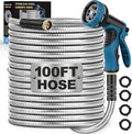 LINODI Metal Garden Hose, 100ft Stainless Steel Garden Hose – 3/4" GHT Solid Brass Connectors – Heavy Duty Flexible Metal Water Hose with 10-Way Spray Nozzle – Kink-Free Watering Kit