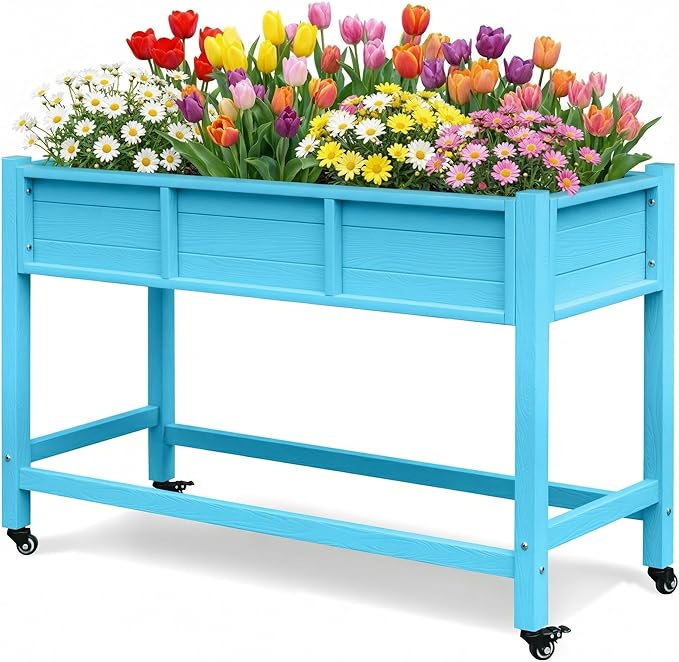 DWVO 47x18x31in Raised Garden Bed HDPE, Weather-Resistant Poly Wood Planter Box Stand, Planter Box with Legs & Lockable Wheels, Elevated Garden Bed for Backyard Patio Balcony - Aruba Blue