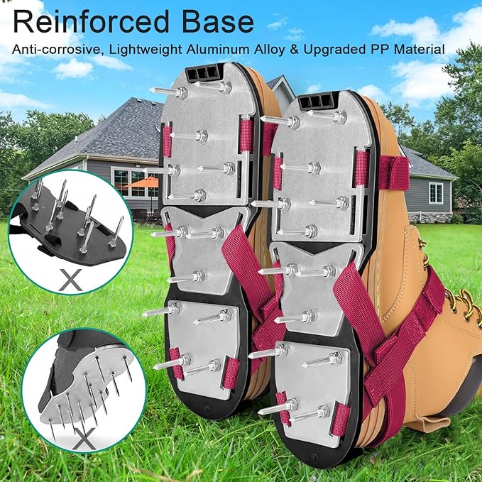 Lawn Aerator Shoes for Grass - Pre-Assembled Grass Aerator Shoes for Lawn - Soil Yard Aerator Tool for Aerating Patio Garden, Red, Medium Size