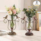 2 Pack Desktop Plant Terrarium,Bird Art Glass Propagation Vase, Propagation Planters with Vintage Metal Frame, Suitable for Decoration of Desktop Hydroponic Plants in Office and Living Room