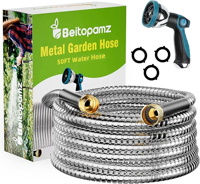 Garden Hose 50 ft, Stainless Steel Metal Water Hose with Nozzle, Flexible and Durable, Rust Proof, No-Kink, Heavy Duty, Leakproof 3/4'' Brass Fittings, Lightweight Hose for Patio, Lawn