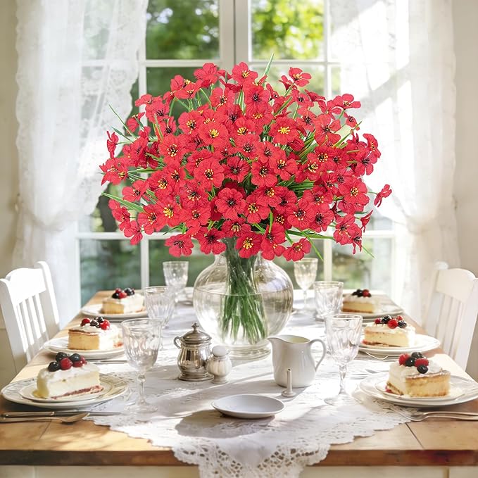 Roberly 24 Bundles Artificial Flowers for Outdoors UV Resistant Silk Fake Flowers Faux Plastic Plants for Porch Garden Window Box Indoor Outdoor Spring Summer Home Farmhouse Decor, Red