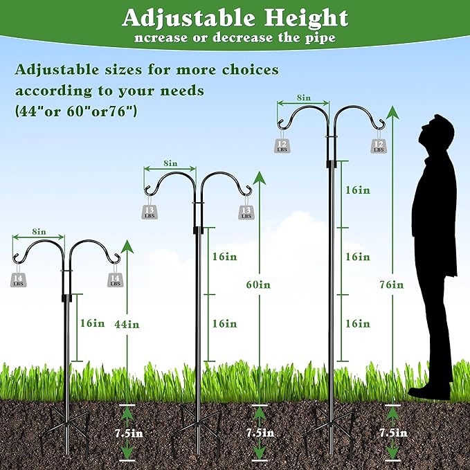 LWWTBS Double Shepherds Hooks for Outdoor (2Pack,76 inch) Heavy Duty Adjustable Bird Feeder Pole Garden Decor Shepherds Hook for Hanging Bird Feeder, Plant Baskets, Hummingbird Feeder for Outside