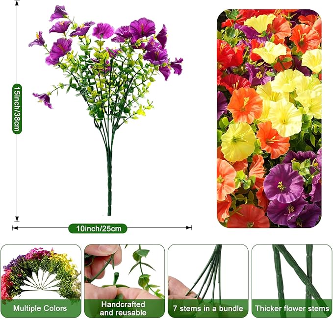 Fanfantoey Artificial Flowers for Outdoor, UV Resistant Fake Plants Outside Decoration, 14 Pcs Realistic Silk Morning Glory Faux Flowers for Porch Patio Gardens Home Decor(14, 4 Mixed)