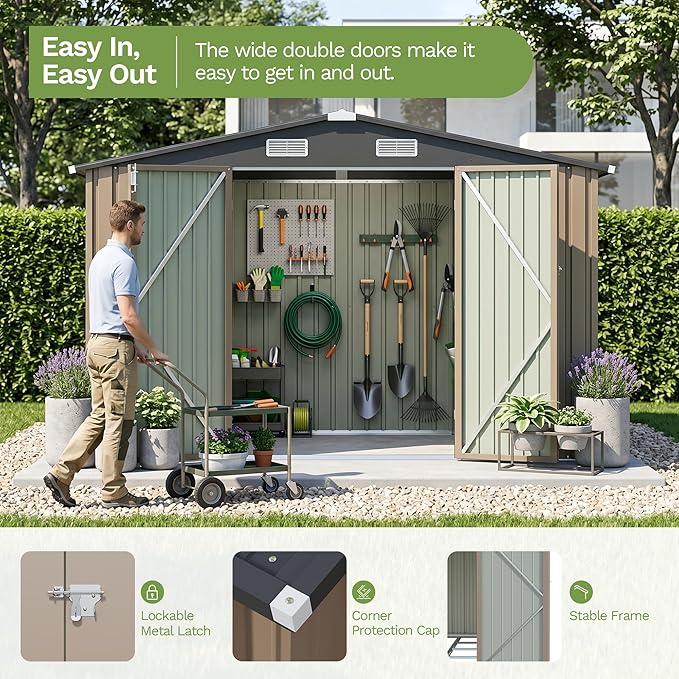Patiowell 10 x 12 FT Outdoor Metal Storage Shed, Heavy-Duty Shed Storage with Lockable Doors and Steel Frame, Utility Tool Outside Large Storage Shed for Garden, Patio, Backyard, Brown