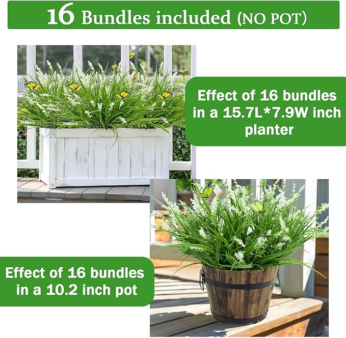 16 Bundles Artificial Outdoor Plants and 2 Pcs Butterfly Stakes Fake Monkey Grass with Flowers UV Resistant Faux Plant Greenery for Outside Planter Porch Patio Garden Window (White)