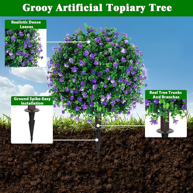 Grooy Artificial Boxwood Topiary Tree with Flower, Set of 2 Artificial Shrub Bushes with Ground Spike, Fake Evergreen Tree for Porch, Artificial Plants for Outdoor Planters Indoor UV Resistant