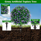 Grooy Artificial Boxwood Topiary Tree with Flower, Set of 2 Artificial Shrub Bushes with Ground Spike, Fake Evergreen Tree for Porch, Artificial Plants for Outdoor Planters Indoor UV Resistant