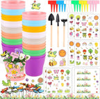 32 Set Garden Plastic Pot Craft Kit DIY Flower Plant Crafts Nursery Pots with Stickers Flower Planting Growing Kit for Spring Summer Home Classroom School Creative DIY Art Project Activities