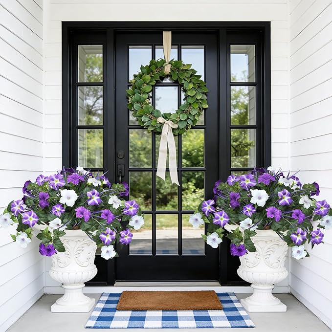 Artificial Flowers Plants for Outdoors, 6PCS UV Resistant Faux Flowers Outdoor Plants, Fake Petunias Silk Flowers for Garden Balcony Yard Porch Decor (White Purple)