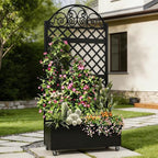 Privacy Planters for Patio, 73" Ornamental Metal Planter Box with Trellis & Locking Wheels, Scrollwork Arch Raised Garden Bed for Climbing Plants Roses Vines, Outdoor Flower Box with Drainage