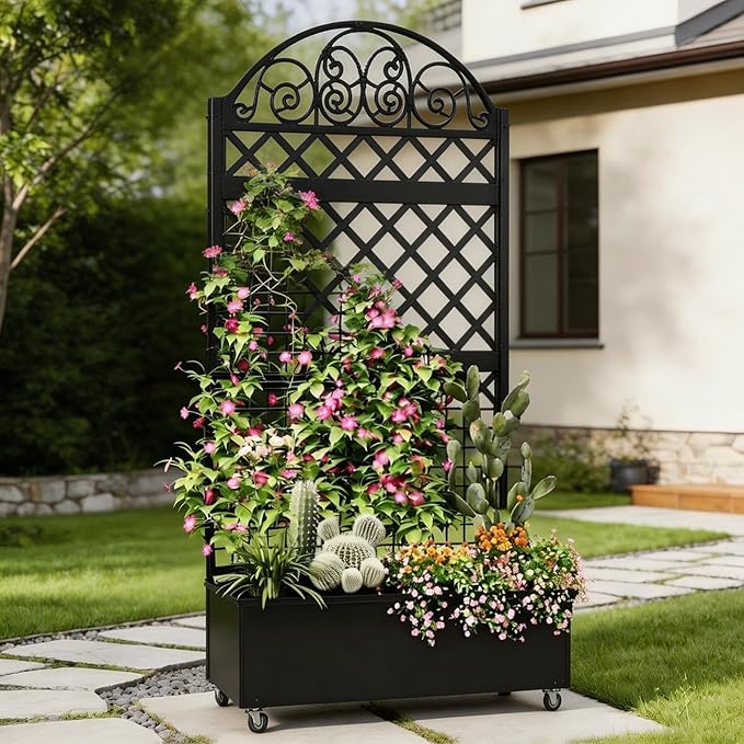 Privacy Planters for Patio, 73" Ornamental Metal Planter Box with Trellis & Locking Wheels, Scrollwork Arch Raised Garden Bed for Climbing Plants Roses Vines, Outdoor Flower Box with Drainage