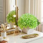 Artificial Hydrangea Flowers Arrangement in Wood Planter, 4PCS Fake Green Flowers in Wooden Vase Potted Floral Centerpieces for Tables Living Room Home Office Room Shelf Kitchen Decor