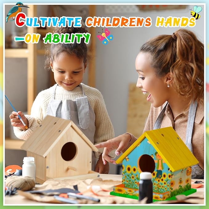 Liliful 2 Sets Wooden DIY Birdhouse Kit, Unfinished Bird Houses with Paints and Paintbrushes, Bird Feeder Craft Arts for Kids Ages 4-8, 8-12, Classroom Activity and Adults Wooden Craft Gifts
