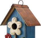 Glitzhome Hanging Bird House for Outdoor, 10.2" H Patio Garden Decorative Birdhouse Pet Cottage Distressed Wooden Bird House for Swallow Sparrow Finch Cardinals, Flower Rustic Blue