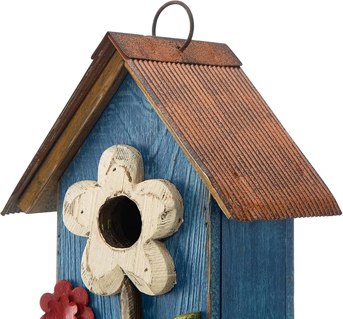 Glitzhome Hanging Bird House for Outdoor, 10.2" H Patio Garden Decorative Birdhouse Pet Cottage Distressed Wooden Bird House for Swallow Sparrow Finch Cardinals, Flower Rustic Blue