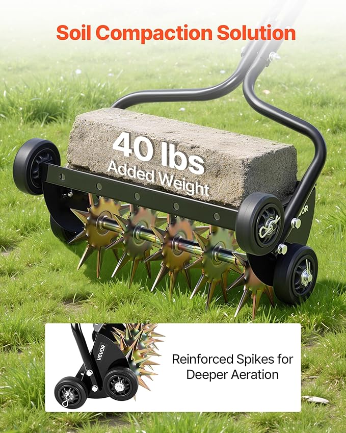 VEVOR Lawn Aerator, 18 in Manual Push Spike Aerator with 4 Wheels & Handle, Heavy Duty Grass Aerators, Supports 40 lbs Added Weight, Rolling Lawn Aeration Tool for Garden Yard Aeration Soil Health
