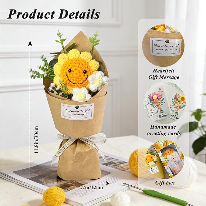 PXFCXVMQ Crochet Flower Bouquet Sunflower Bouquets Knitted Flowers Crocheted Flowers Handmade Sunflower Bouquet for Mother's Day,Graduation,Birthday,Teacher Appreciation Gift with Card and Giftbox