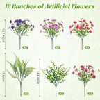 Ammyoo Artificial Flowers for Outdoors Spring Decoration, 12 Bundles Fake Flower Daisy with Realistic Eucalyptus Leaves, Faux Plants for Greenery Boxwood Porch Patio Garden Pot Lawn