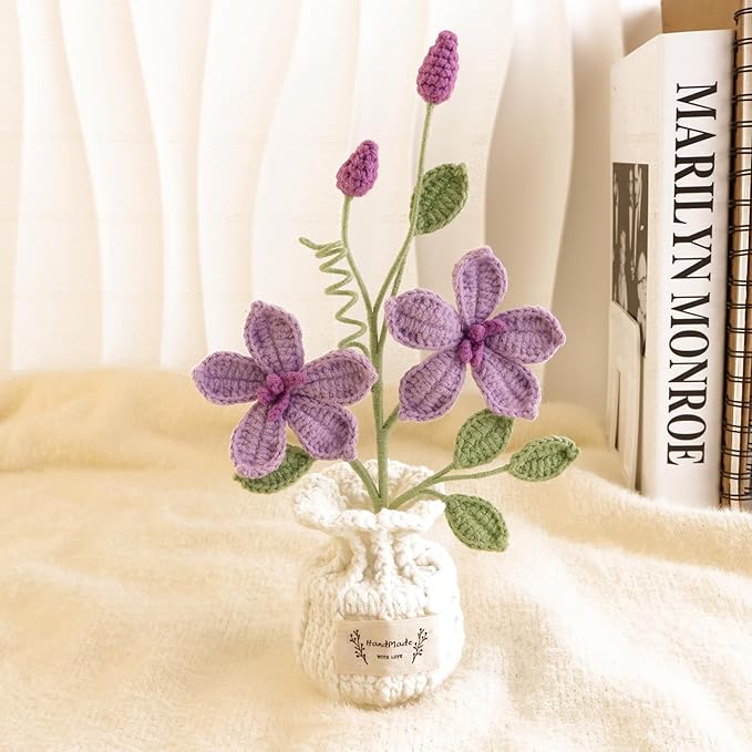 Crocheted Potted Plants, Hand-Woven Lotus Flowers, Knitted Lotus Flowers, Home Office Ornaments, Gifts for Mother, Family and Friends, Graduation Anniversary, Wedding Decorations (Purple)