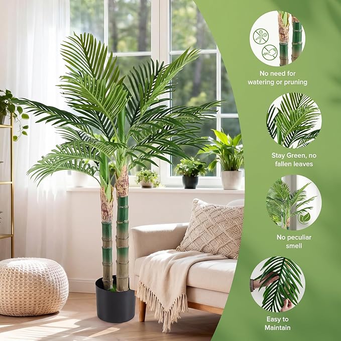 DUMOS 47in Artificial Palm Tree, Tall Faux Fake Plants Indoor with Black Planter Pot and Lifelike Leaves, Maintenance Free Artificial Silk Tree for Home, Office, House, Living Room, Porch Decor