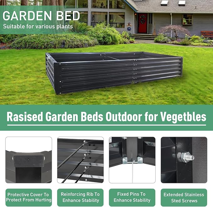Metal Raised Garden Bed 8x4x1.5Ft Tall Outdoor Large Metal Galvanized Planter Boxes Kit for Vegetables, Flowers and Herbs,Garden Beds with 2Pcs Tomato Cage 1Pc Gloves,Black