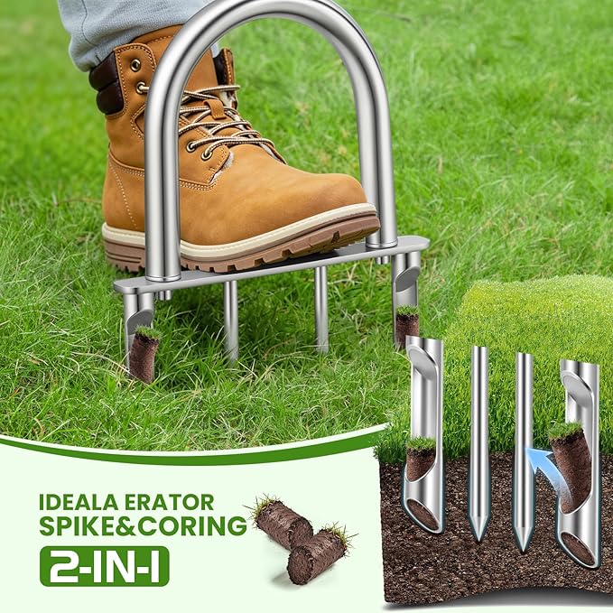 Manual Core Aerator Lawn Tool -2 Half-Open Hollow Slot Tines and 2 Spike Heavy Duty Grass Aeration Tool，Semi-Assembled Lawn Aerator for Lawn、Yard Plug Aerator for Lawn Care Compacted Soil-Orange