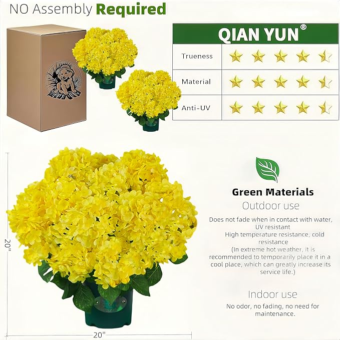 QIANYUN Artificial Topiary for Outdoors -20” Potted Plant Fake Hydrangea Bush-UV Resistant Artificial Outdoor Plants for Front Porch, Garden, Yard, Patio Decor (Yellow)