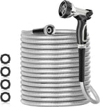 SPECILITE 125ft 304 Stainless Steel Garden Hose Metal, Heavy Duty Water Pipe with Nozzles for Yard, Outdoor - Flexible, Never Kink & Tangle, Puncture Resistant (Sliver)