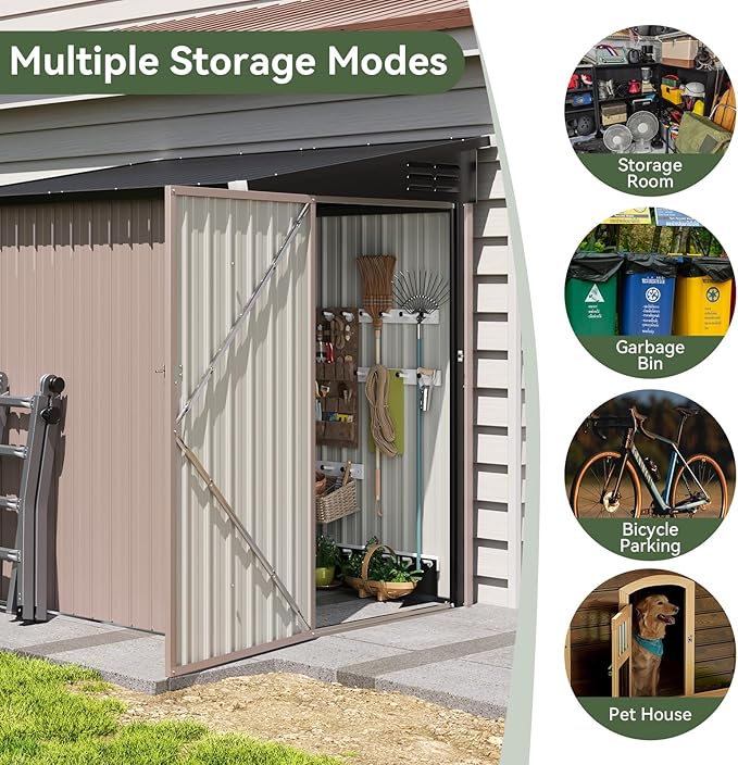 Aoxun 6' x 4' Lean to Shed Outdoor Steel Garden Utility Cabinet with Lockable Door Waterproof & Rust-Proof for Yard, Patio, Backyard (Brown)