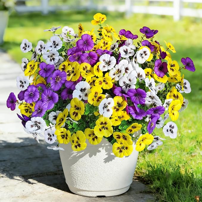 20 Pcs Artificial Fake Pansy Flowers for Outdoors, Faux Silk Pansies Spring Flowers UV Resistant Artificial Plants Outdoor for Planter Front Door Porch Yard Patio Home Decor(Purple Yellow White)