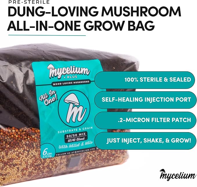 Mycelium 6LB Mushroom Growing Kit | CVG Substrate & Millet/Milo Grain Blend w/Cultivation Enhancer | All-in-One Pre-Sterilized Bag with Injection Port | Grow Dung-Loving Mushrooms Like Magic At-Home