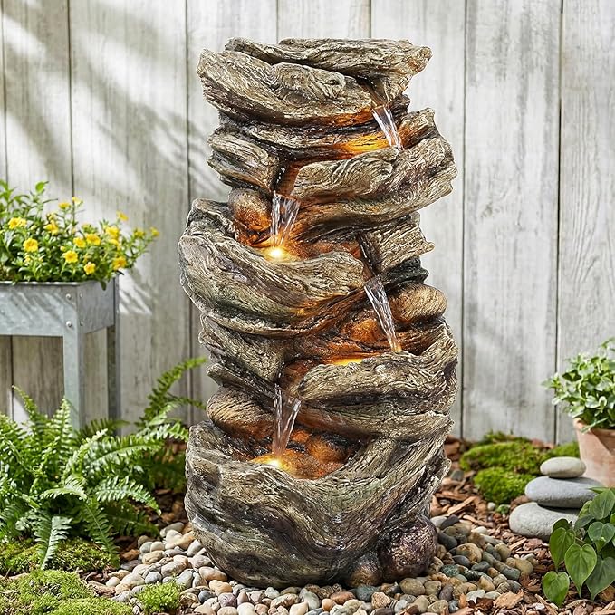 Jocoevol 32" High Outdoor Water Fountain, 5-Tiers Cascading Rock Waterfall Fountain with LED Lights for Garden, Patio, Yard Decor, Soothing Tranquility for Any Outdoor Living Space