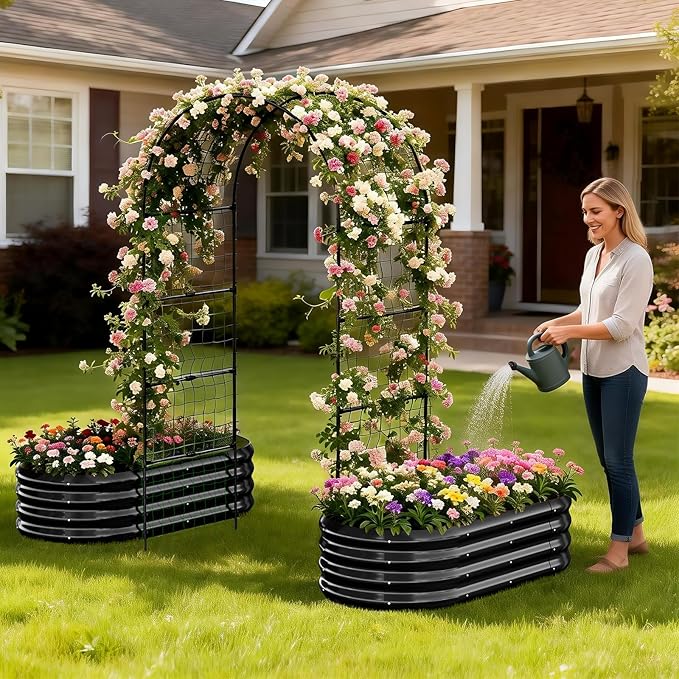 3 in 1 Galvanized Raised Garden Bed with 87" H Arch Trellis for Climbing Plants, Outdoor Gardening Planter Box with Climbing Net for Flower Vegetables Fruits Herbs, Black