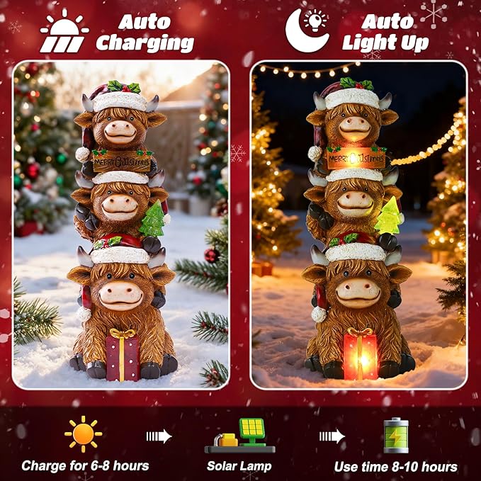 twinbling Christmas Highland Cow Decor with Solar Light Triple Highland Cow Christmas Decorations Gifts for Women Mom Funny Highland Cows Garden Statues for Garden Patio Lawn Yard Decor