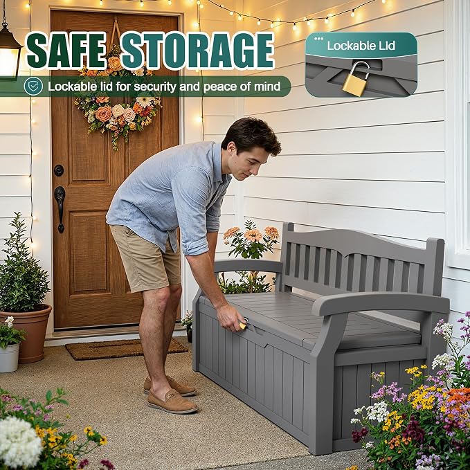 Devoko 80 Gallon Storage Bench Deck Box Lockable for Patio Furniture, Garden Decor and Outdoor Seating for Cushions, Garden Tools and Pool Supplies (Grey)