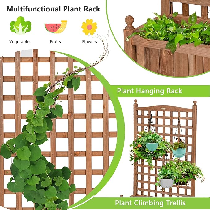 Giantex Set of 2 Mobile Plant Raised Bed, Wood Planter with Lattice Trellis and Wheels, Flower Box for Plant Climbing, Vertical Garden for Balcony Patio Yard, 25"x11"x 50"