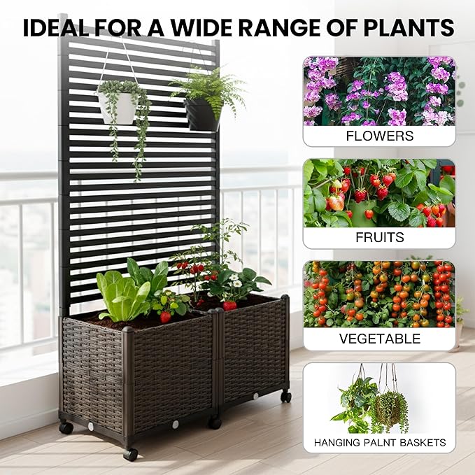 Planter Box with Privacy Screen, 6ft Plastic Raised Garden Bed with Lattice Trellis & Lockable Wheels, Privacy Planters for Patio, Planter Box for Climbing Plants, Flower