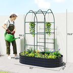 Outsunny Galvanised Raised Garden Bed with Arched Trellis, 5 x 3 x 6ft Metal Outdoor Planter Box with Open Bottom Design, Modular Raised Bed with Gloves for Vegetable Flower, Easy Assembly, Dark Gray